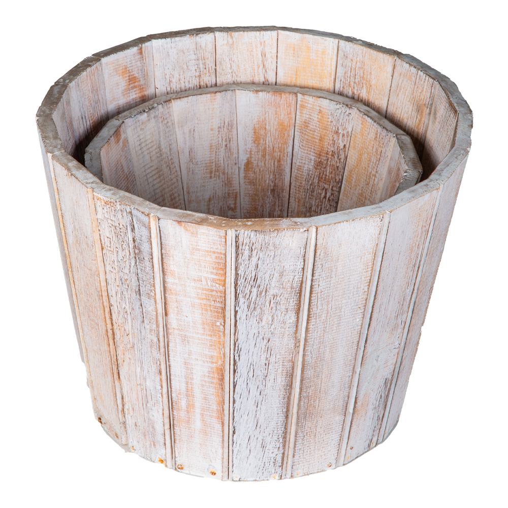 Wooden Bucket Set; 2Pcs, White Wash