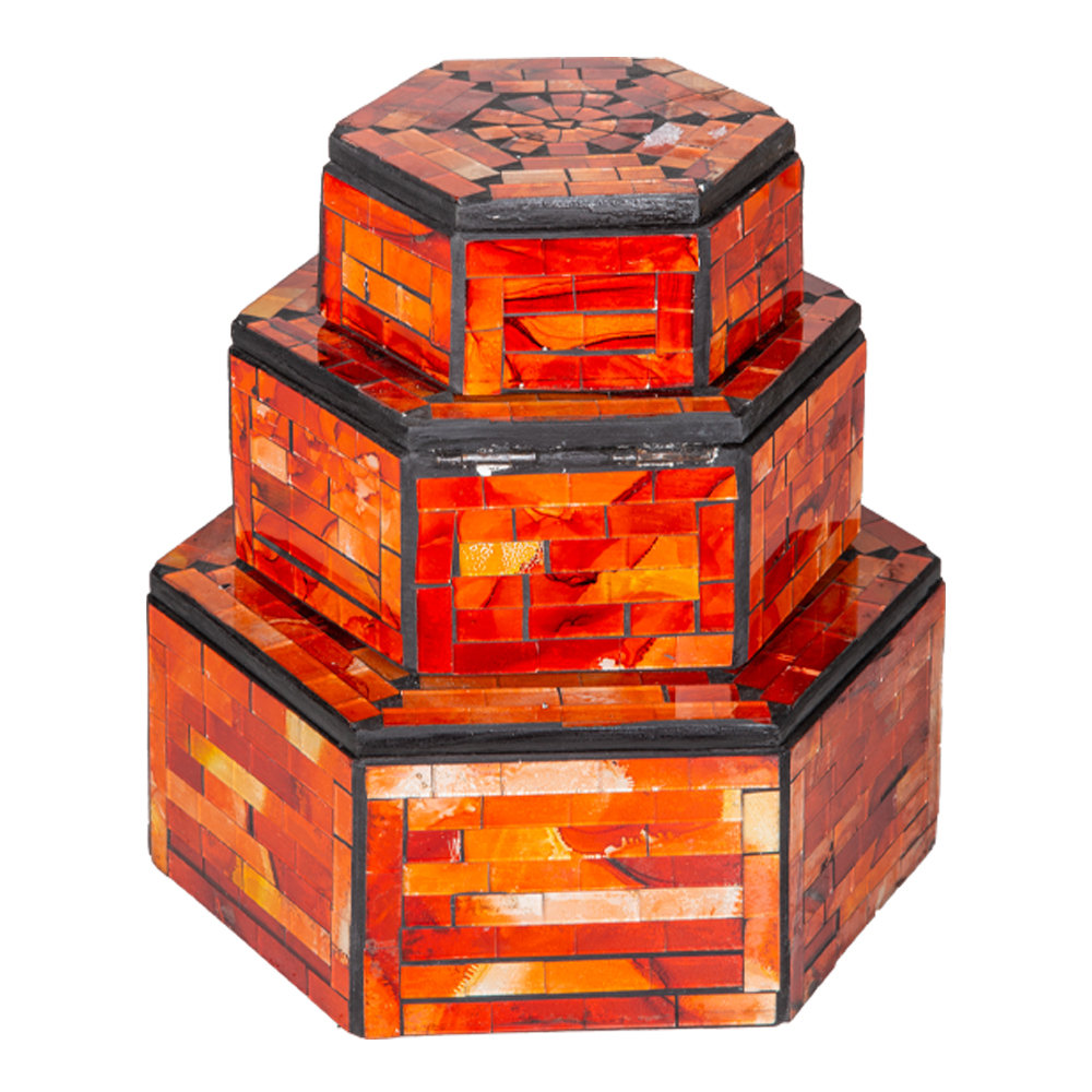 Hexagon Decorative Ceramic Plate Set; 3Pcs, Orange