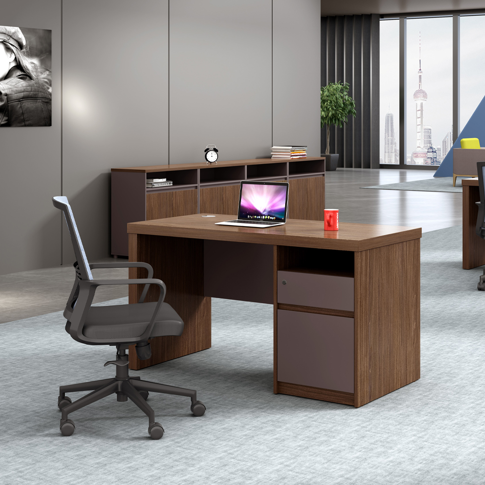 Office Desk + Fixed Pedestal; (140x60x75)cm, Brown Oak/Brown