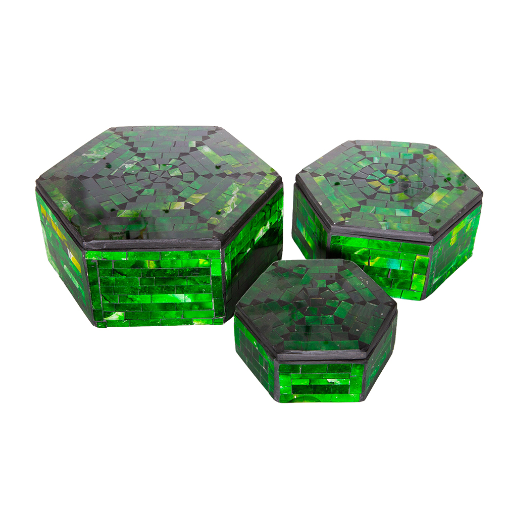 Hexagon Decorative Ceramic Plate Set; 3pcs, Green