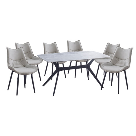 Dining Table; (160x90x76)cm, Ceramic Top + 6 PU Side Chairs 1