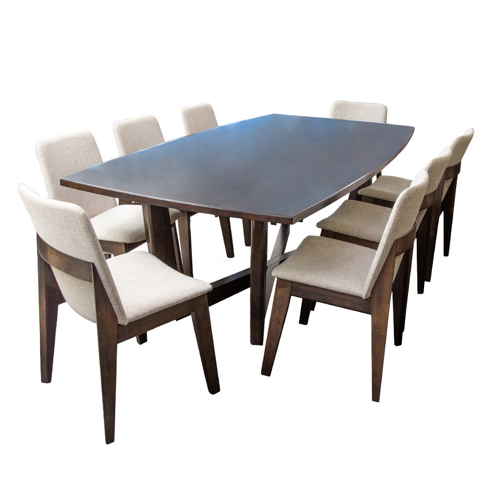 Nova Dining Table; (240x120x76)cm, Wood Top + 8 Fabric Side Chairs, Coffee/Dorra 1