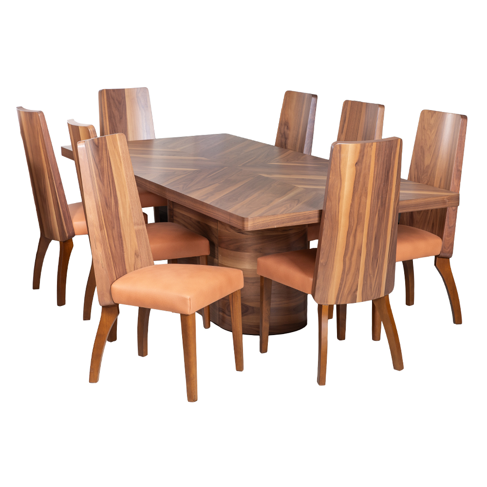 Melisa Dining Set: Dining Table- Wood Top (240x110x76)cm + 8 Side Chairs, Matt Walnut 1