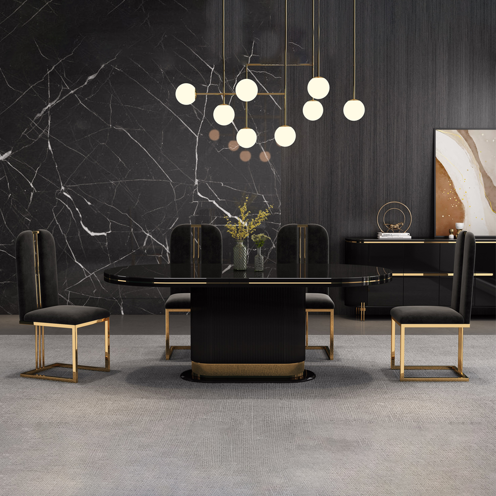 Dining Table; (200x100x75)cm + 8 Side Chairs, Glossy Black/Gold 1