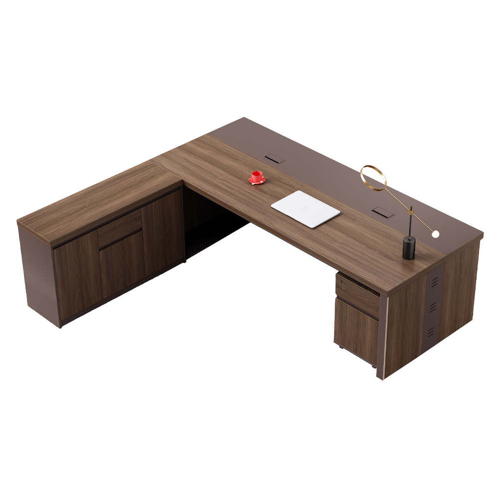 Office Desk + Mobile Side Return + Pedestal; (240x218x75)cm, Brown Oak/Brown