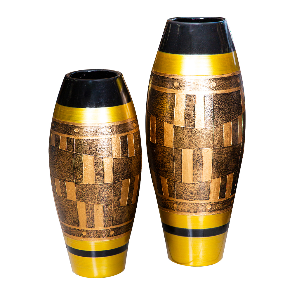 Decorated Drum Shaped Vase Set; 2pcs, Black/Brown 1