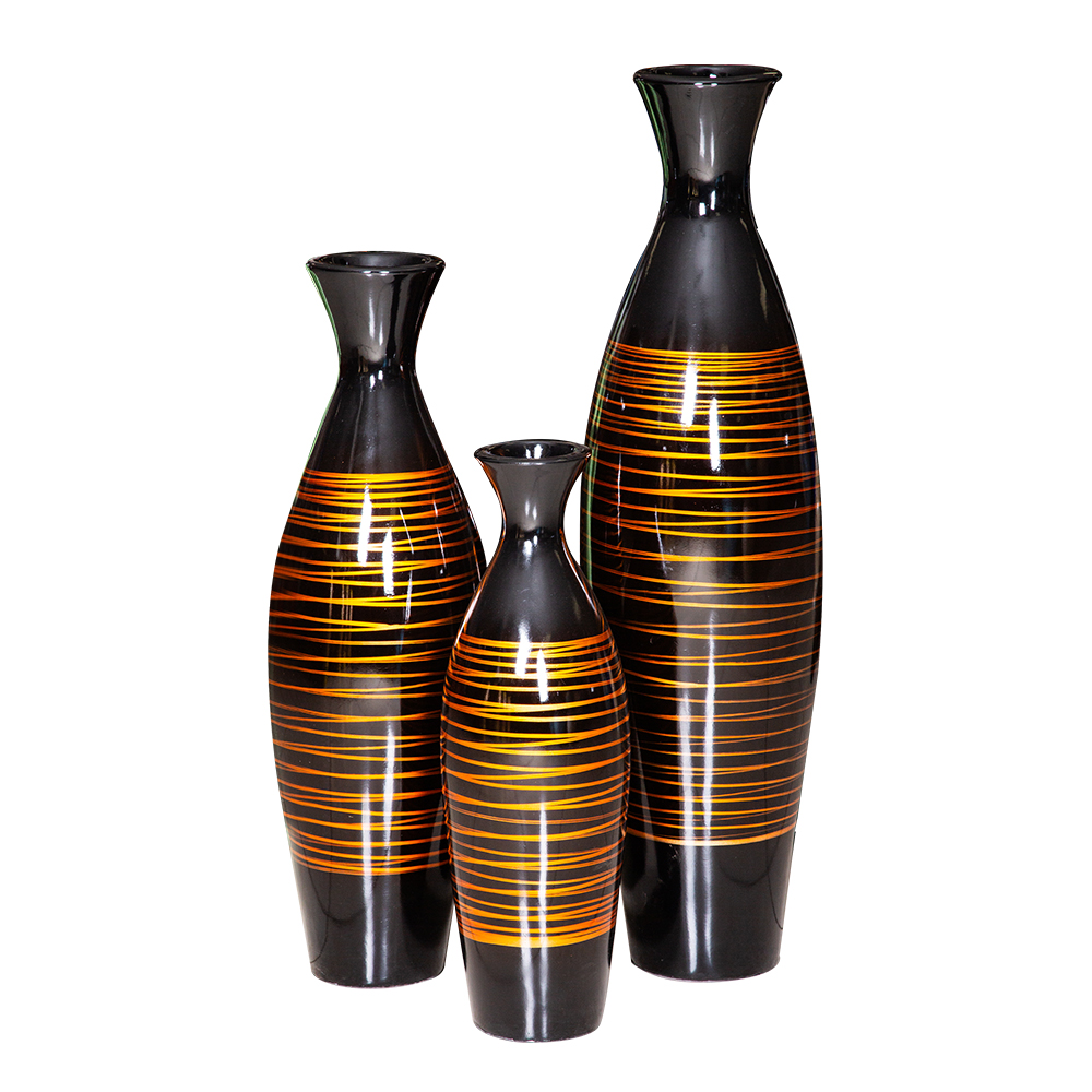 Decorative Slim Vase Set, 3pcs, Black/Orange