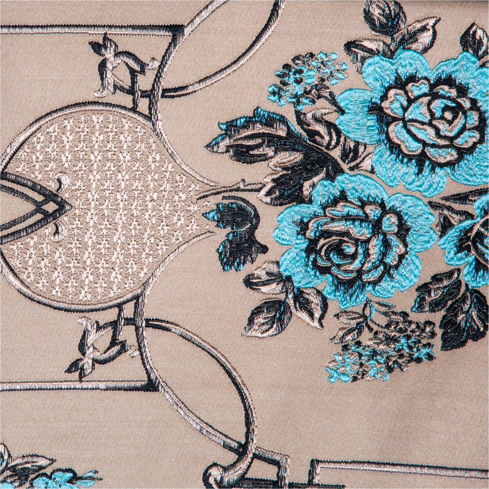 Fusion Collection: Damask Floral Patterned Polyester Upholstery Fabric; 140cm, Tan Brown/Blue 1