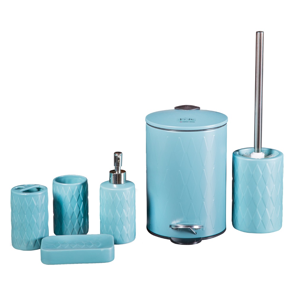 Domus HP: Stainless Steel Step Bin, Soft Close: 3Lts + Bathroom Accessories Set: 6pcs, Blue  1
