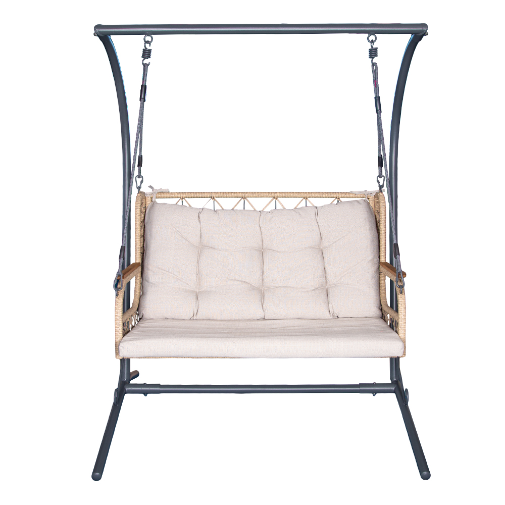 Garden Double Swing Basket + Steel Stand + Cushion; (115x67x130)cm, Grey 1
