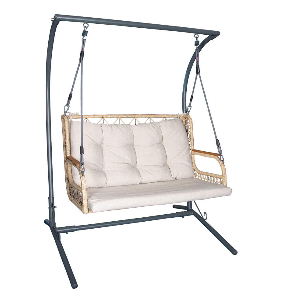 Garden Double Swing Basket + Steel Stand + Cushion; (115x67x130)cm, Grey