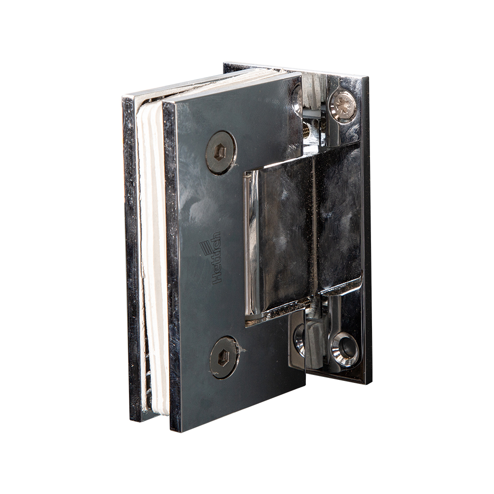 Hettich: Glass To Wall Hinge: Standard Base Plate, HSH-OWNO 90° Brass Bright Chrome Plated, Black  1